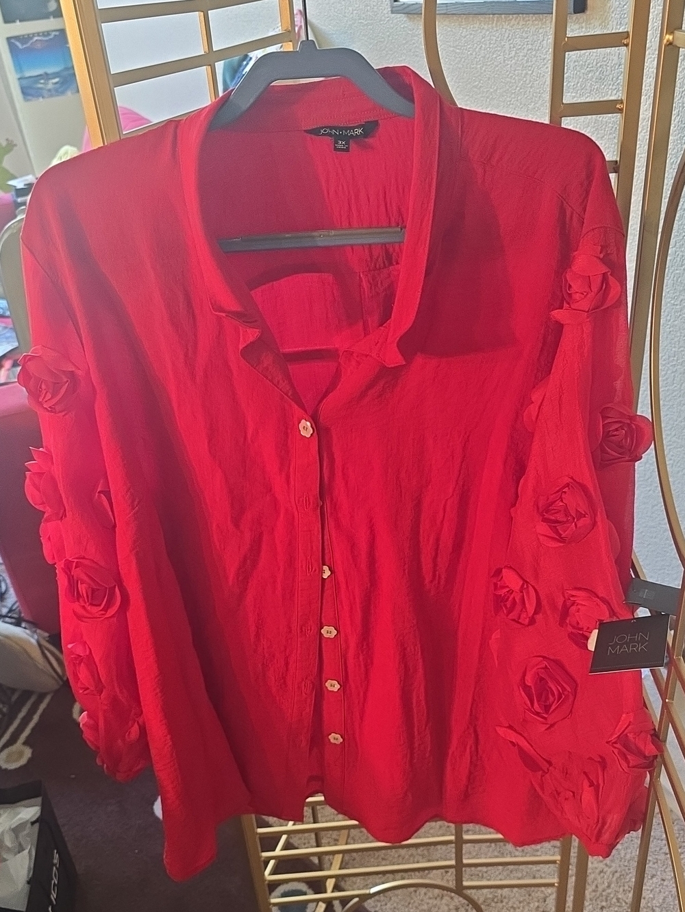 John Mark Bright Red Button-Front Women's Shirt with Rosette Sleeves 3X